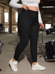 SHEIN ICON Plus Flap Pocket Side Cargo Jeans - Black - View 6