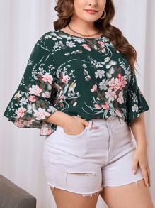 SHEIN Clasi 大碼印花荷葉袖襯衫 - 墨綠色 - 查看 1