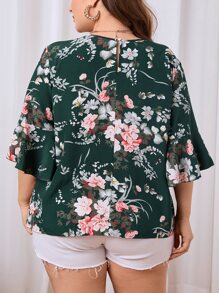 SHEIN Clasi 大碼印花荷葉袖襯衫 - 墨綠色 - 查看 2