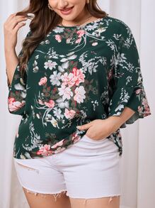 SHEIN Clasi 大碼印花荷葉袖襯衫 - 墨綠色 - 查看 3