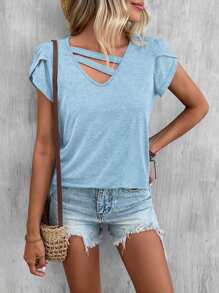 SHEIN LUNE Petal Sleeve Cut Out Front Tee - Baby Blue - View 3