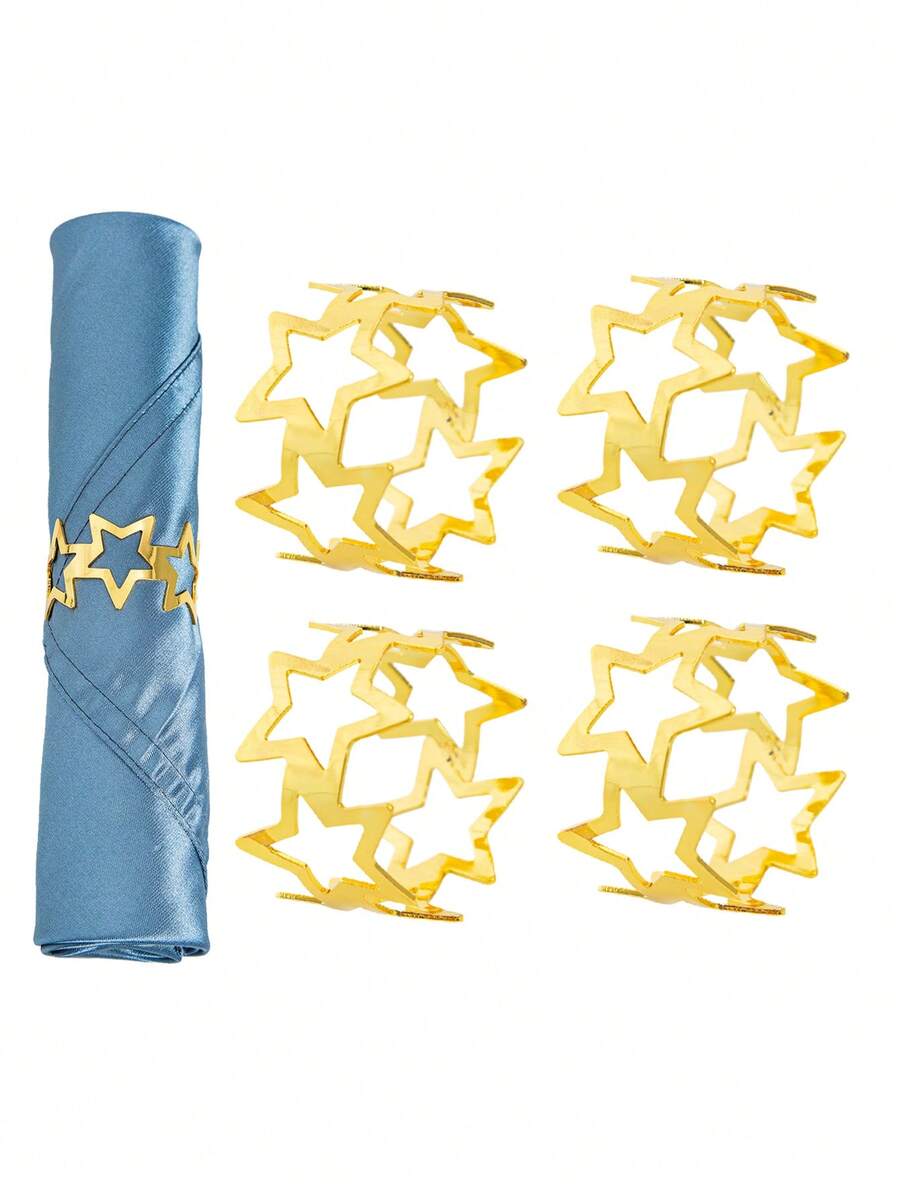 4 piezas/set anillo de servilleta de aleación de hierro, anillo de soporte de servilleta de decoración de estrella hueca moderna para restaurante - Dorado - Ver 1
