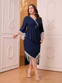 Modelyn Đầm Plus Size Bất đối xứng Thắt lưng mép Khối Màu Thanh lịch - Màu xanh hải quân - Xem 1