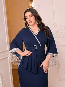 Modelyn Đầm Plus Size Bất đối xứng Thắt lưng mép Khối Màu Thanh lịch - Màu xanh hải quân - Xem 5