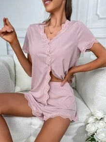 蕾絲拼接貝殼邊睡衣套裝 - 藕粉色 - 查看 3