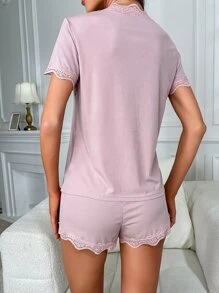 蕾絲拼接貝殼邊睡衣套裝 - 藕粉色 - 查看 2