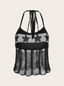 ROMWE Star Pattern Ripped Halter Knit Top - Black - View 2