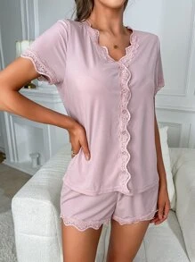 蕾絲拼接貝殼邊睡衣套裝 - 藕粉色 - 查看 5