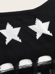 ROMWE Star Pattern Ripped Halter Knit Top - Black - View 3