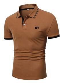 Manfinity Men Letter Graphic Striped Trim Polo Shirt - Brown - View 3