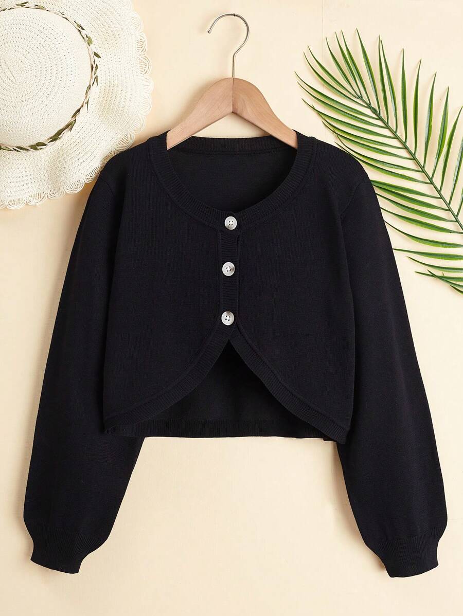 SHEIN Áo len bé gái Bất đối xứng Nút phía trước màu trơn Giải trí - màu đen - Xem 1