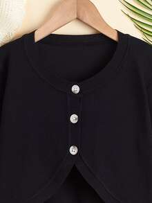 SHEIN Áo len bé gái Bất đối xứng Nút phía trước màu trơn Giải trí - màu đen - Xem 3