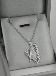 1入組魅力四射不銹鋼方晶鋯石蝴蝶墜飾項鍊適用於女士日常裝飾 - 銀色 - 查看 1