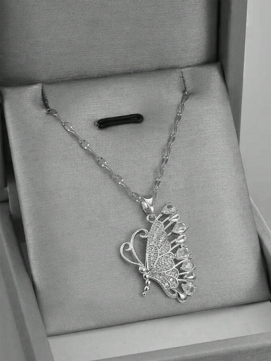1入組魅力四射不銹鋼方晶鋯石蝴蝶墜飾項鍊適用於女士日常裝飾 - 銀色 - 查看 1