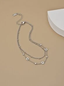 1pc Fashionable Rhinestone Daisy Stainless Steel Anklet For Women (The Number Of Beads On The Chain May Vary Slightly From The Stated Size) - Silver - View 3