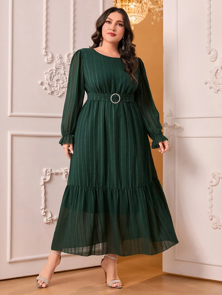 Modelyn Vestido con cinturón de manga con volante bajo con fruncido - Verde Oscuro - Ver 1