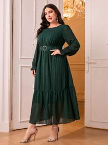 Modelyn Vestido con cinturón de manga con volante bajo con fruncido - Verde Oscuro - Ver 3