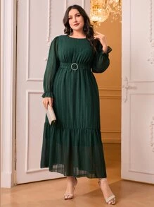 Modelyn Vestido con cinturón de manga con volante bajo con fruncido - Verde Oscuro - Ver 4