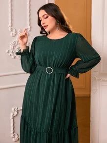 Modelyn Vestido con cinturón de manga con volante bajo con fruncido - Verde Oscuro - Ver 5