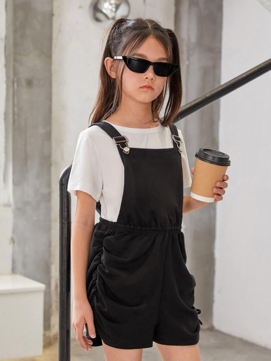 SHEIN Chicas Mono overol fruncido lateral sin camiseta - Negro - Ver 1