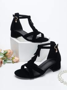 女士流苏装饰粗跟凉鞋，优雅仿麂皮踝带凉鞋，春夏穿搭 - 黑色 - 查看 1