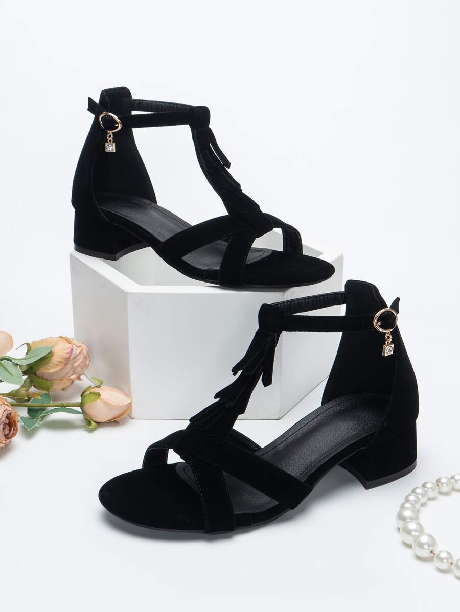 女士流苏装饰粗跟凉鞋，优雅仿麂皮踝带凉鞋，春夏穿搭 - 黑色 - 查看 1