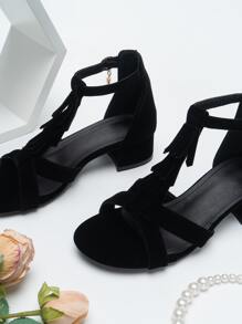 女士流苏装饰粗跟凉鞋，优雅仿麂皮踝带凉鞋，春夏穿搭 - 黑色 - 查看 3