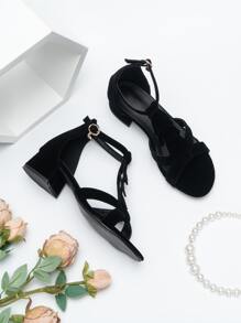 女士流苏装饰粗跟凉鞋，优雅仿麂皮踝带凉鞋，春夏穿搭 - 黑色 - 查看 4