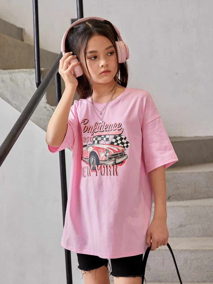 SHEIN Girls Car & Letter Graphic Drop Shoulder Tee - Baby Pink - View 1