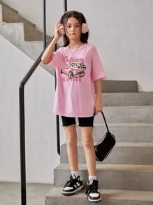 SHEIN Girls Car & Letter Graphic Drop Shoulder Tee - Baby Pink - View 3