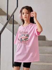 SHEIN Girls Car & Letter Graphic Drop Shoulder Tee - Baby Pink - View 4