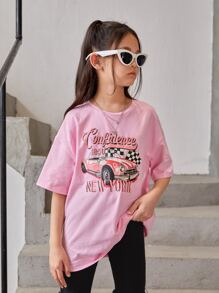 SHEIN Girls Car & Letter Graphic Drop Shoulder Tee - Baby Pink - View 5