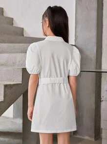 SHEIN 女孩卡通圖案翻蓋細節泡泡袖腰帶襯衫洋裝