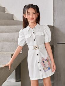 SHEIN 女孩卡通圖案翻蓋細節泡泡袖腰帶襯衫洋裝