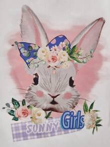 SHEIN 女孩卡通圖案翻蓋細節泡泡袖腰帶襯衫洋裝