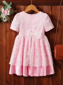 Vestido de fiesta Chicas jovenes con encaje de tira de manga farol de dos capas bajo
