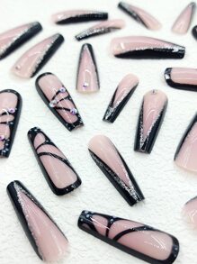 24 chiếc Long Coffin 3D Rhinestone Decor Fake Nail & 1pc Nail File & 1 sheet Tape - Nhiều màu - Xem 5