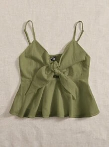 Soleia Top de tirantes con nudo delantero bajo con fruncido - Verde militar - Ver 3