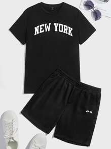 Manfinity RebelGame Men Letter Graphic Tee & Drawstring Waist Shorts - Black - View 1