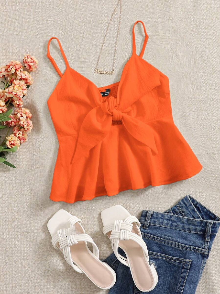 Soleia Knot Front Cami Top - Orange - View 1
