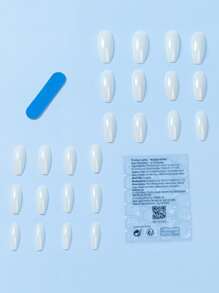 Elevate Your Style with 24pcs Short Coffin White Jelly Solid Fake Nail & 1pc Nail File & 1sheet Tape - White - View 3
