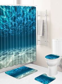 1pc Underwater Pattern Bath Rug Or 1pc Shower Curtain, Modern Polyester Toilet Mat For Bathroom - Multicolor - View 1
