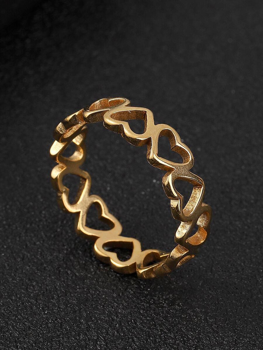 1pc Heart Design Ring, Stainless Steel Jewelry Valentines,Mom,Mother,Mother's Day,Gift - Gold - View 1