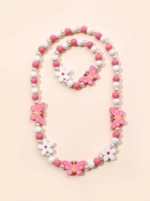 2pcs/set Children's Beaded Jewelry, Including One Colorful Necklace And One Rose Butterfly Necklace, Diy Bracelet (1pc Each)