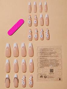 24 chiếc Quan tài dài Hình hoa lá Móng tay giả & 1 Tờ băng dính & 1 Dũa móng tay - Nhiều màu - Xem 2