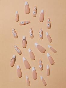 24 chiếc Quan tài dài Hình hoa lá Móng tay giả & 1 Tờ băng dính & 1 Dũa móng tay - Nhiều màu - Xem 3