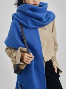 1pc Soft Solid Color Fashionable Shawl, Versatile Fringed Warm Scarf - Blue - View 12