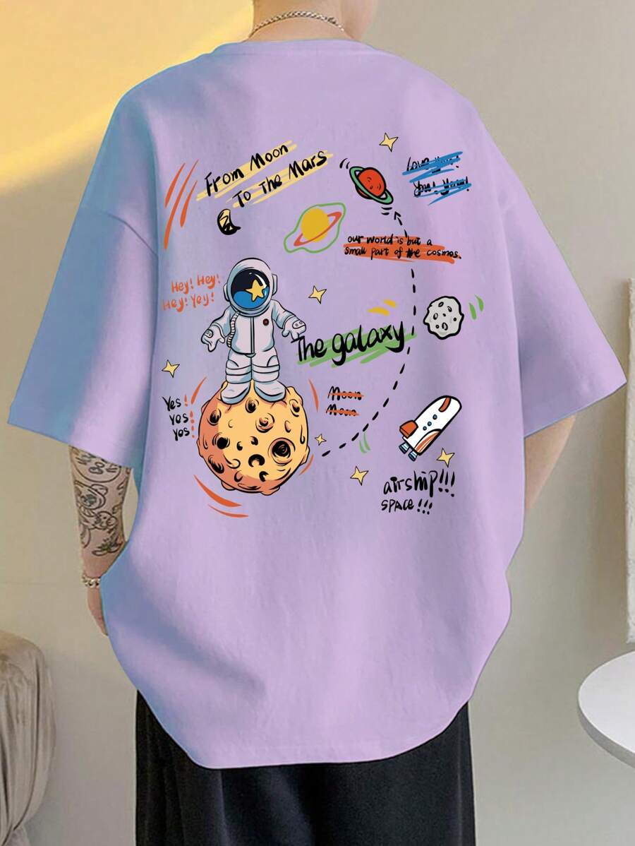 Manfinity Hypemode 男士休闲卡通及口号图案落肩 T 恤 - 紫色 - 查看 1