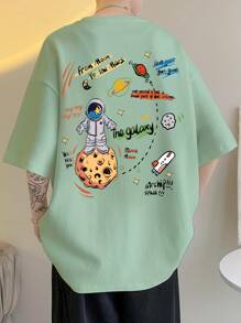Claim Dot Loose Fit Men's Cartoon & Slogan Printed Drop Shoulder T-Shirt - Mint Green - View 1