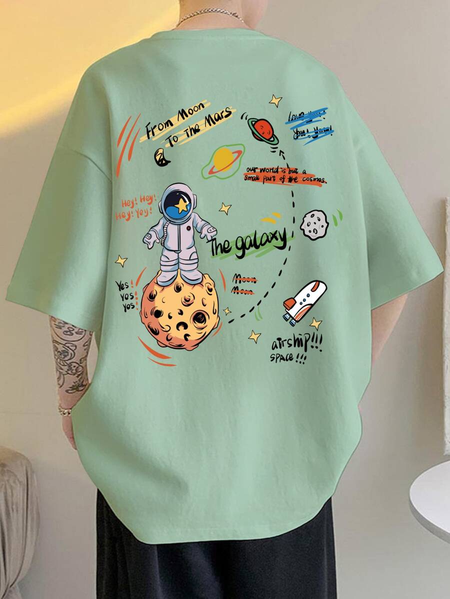 Claim Dot Loose Fit Men's Cartoon & Slogan Printed Drop Shoulder T-Shirt - Mint Green - View 1